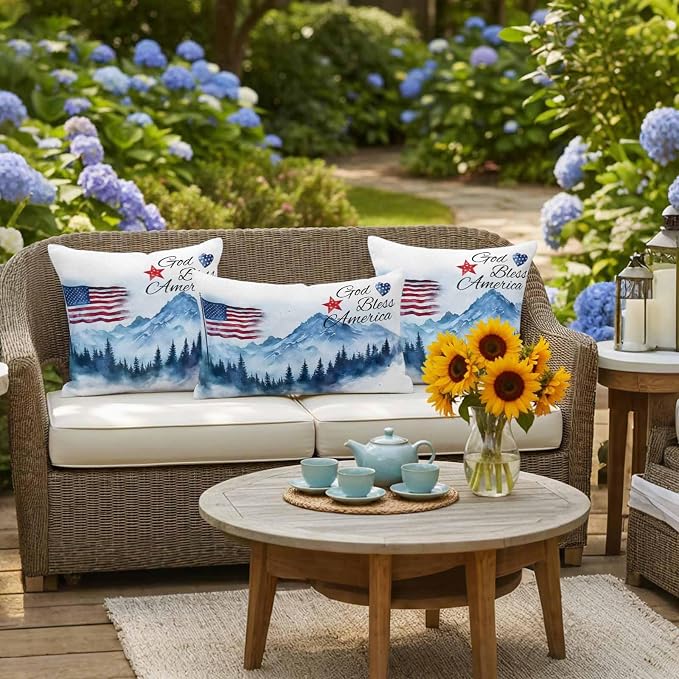 4th of July American Flag Outdoor Pillow Covers 18x18 Inch Throw Pillow Covers Set of 2 Waterproof Decorative Pillow Cases Independence Day Forest Cushion Covers for Patio Furniture Garden Couch Sofa