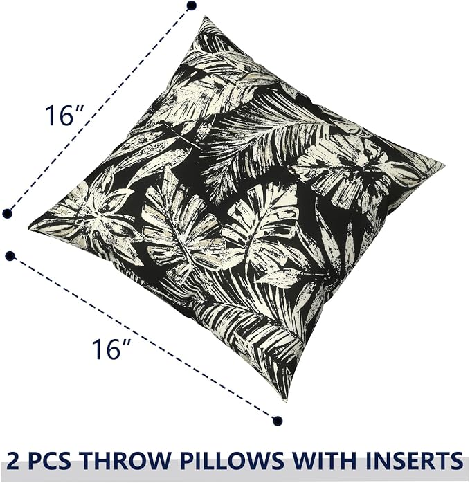 Outdoor Pillows with Insert 16x16 Inch, Waterproof Throw Pillow for Patio Furniture, Decorative Back Cushion for Garden Home Sofa Office Chair, Set of 2, Tropical Leaf Black