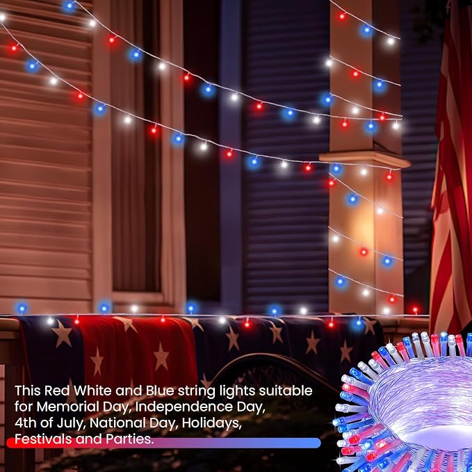 2 Pack 200LED Red White and Blue Lights Battery Operated, Fairy Lights | 66FT 4th of July String Lights with Timer, 8 Modes Waterproof Patriotic Twinkle Light Outdoor for Independence & Memorial Day