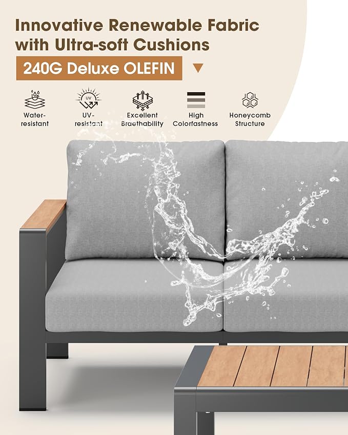 Aluminum Outdoor Patio Furniture Set, 8 Seats Patio Conversation Sets, Oversized Outdoor Sectional with Washable Thick Cushions & Coffee Table for Backyard, Garden and Poolside, Gray