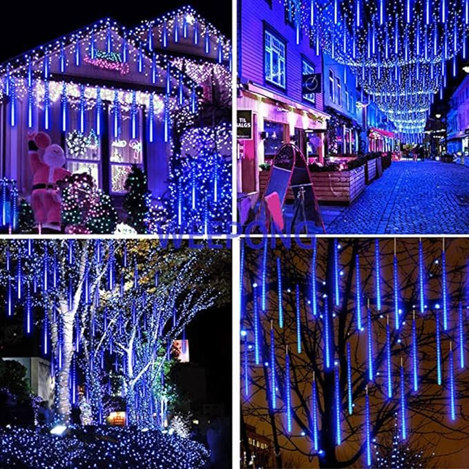 Weepong Meteor Shower Lights Outdoor Christmas Lights UL Certified Falling Rain Drop Snowfall Icicle Cascading String Light for Xmas Holiday Tree Wedding Party Garden Decor Blue, 12 Inch 8 Tubes
