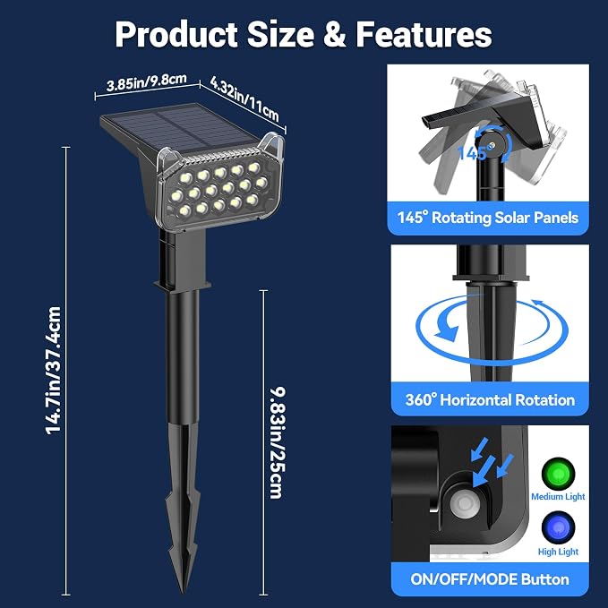 Solar Spot Lights Outdoor Waterproof IP65, Super Bright LEDs with Lens, 6500K 2 Lighting Modes, 2 in 1 Auto On/Off Solar Powered Spotlights for Yard Flag Landscape Tree, 4 Pack, Cool White