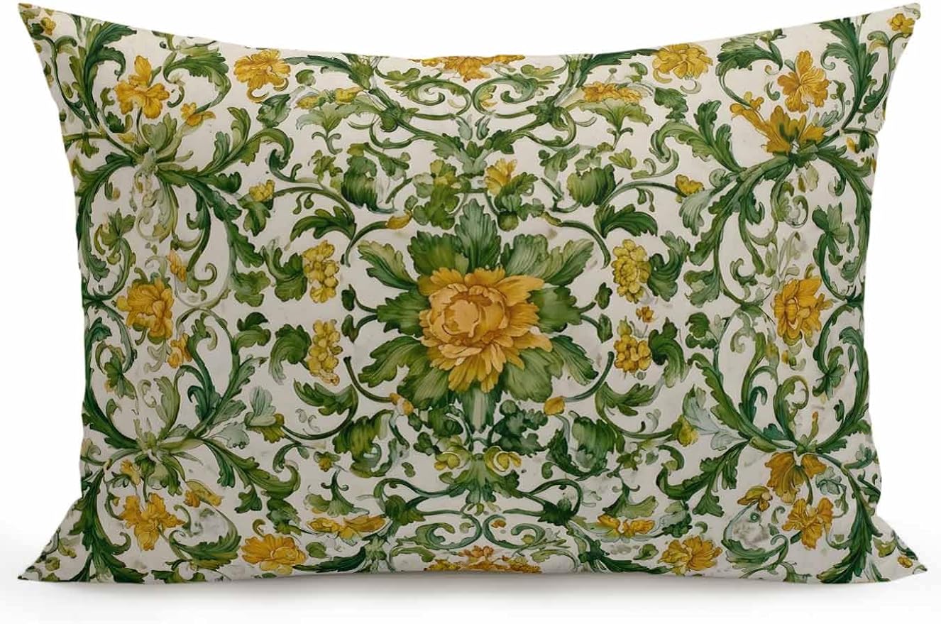 Outdoor Pillows with Inserts 12x20, Yellow Green Boho Waterproof Outdoor/Indoor Throw Pillows, Classic Floral Farmhouse Botanical Decorative Pillow for Bed Couch Sofa Patio Furniture