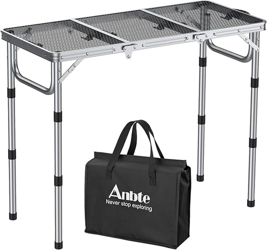 Anbte 3ft Folding Grill Table with Storage Bag, 3 Adjustable Height 27.5" Aluminum Portable Grill Table, Heat Resistant, Lightweight, Portable Handle for BBQ Cooking Camping Travel, 35" X 16", Silver