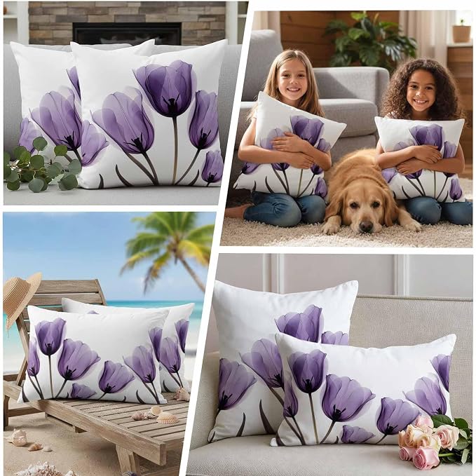 Spring Purple Outdoor Waterproof Throw Pillow Covers Set of 2, 20"x20", Flowers Image of Tulips Floral Decorative Pillow Covers Outside Cushion Case for Patio Porch Garden