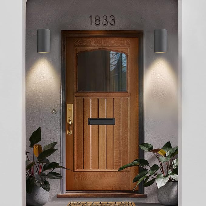 Ken & Ricky Modern Outdoor Wall Sconce Lights,Cylinder，Black ，2 Pack | No Glare Aluminum Exterior Lighting Fixtures,Downward Outside Wall Light,E26,For House Front Porch Garage Patio Entryway