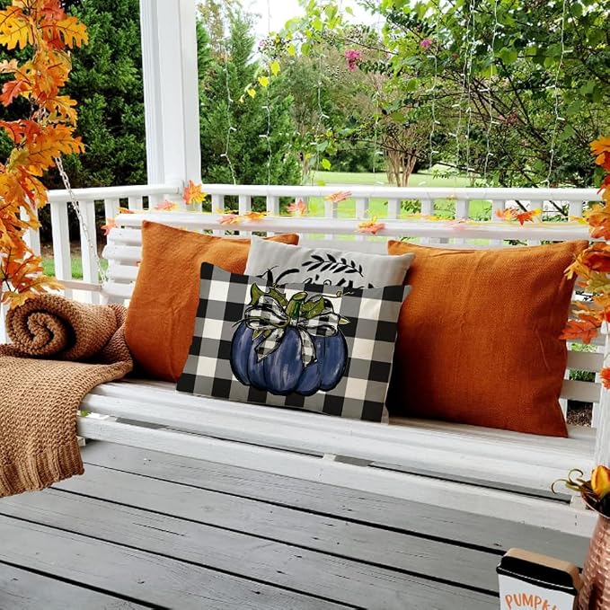 RABUSOFA Outdoor Fall Pillow Covers Waterproof 12x20 Blue Pumpkin Decor | Autumn Harvest Thanksgiving,Buffalo Plaid,Not Insert,Machine Washable,Fall Decorations for Home Sofa Patio Farmhouse
