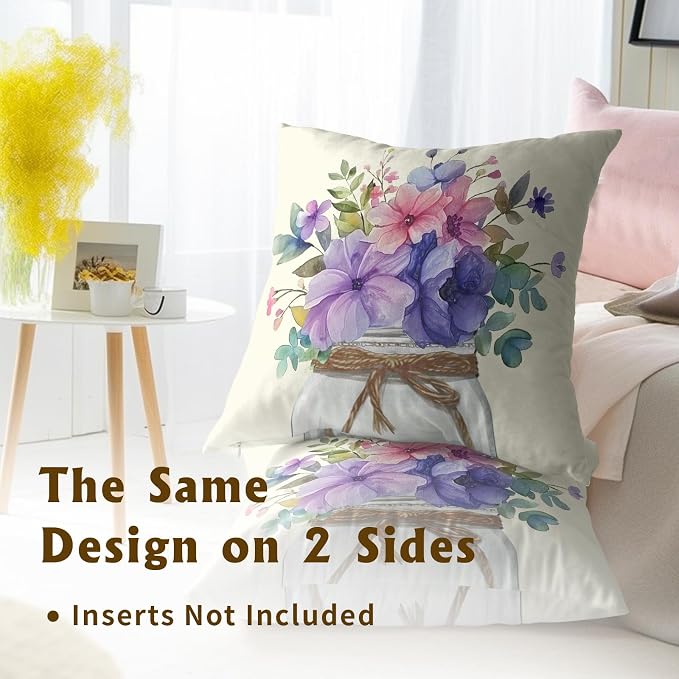 Summer Flowers Pillow Covers 16 x 16 Inches Set of 2,Watercolor Purple Pink Floral Jar Cushion Cover Cotton Linen Pillowcase for Home Couch Sofa Patio Bedroom Livingroom