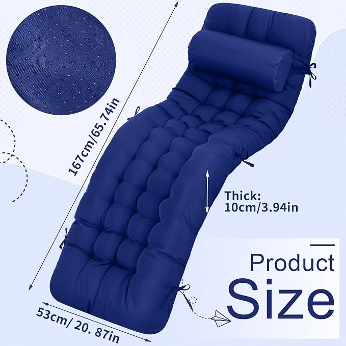 Tudomro Outdoor Chaise Lounge Cushion 66x21x4'' Waterproof & Fade-Resistant Patio Pool Chaise Lounge Cushion Headrest Pillow Tie Replacement Rocking High Back Chair(Navy Blue,1 Pcs)