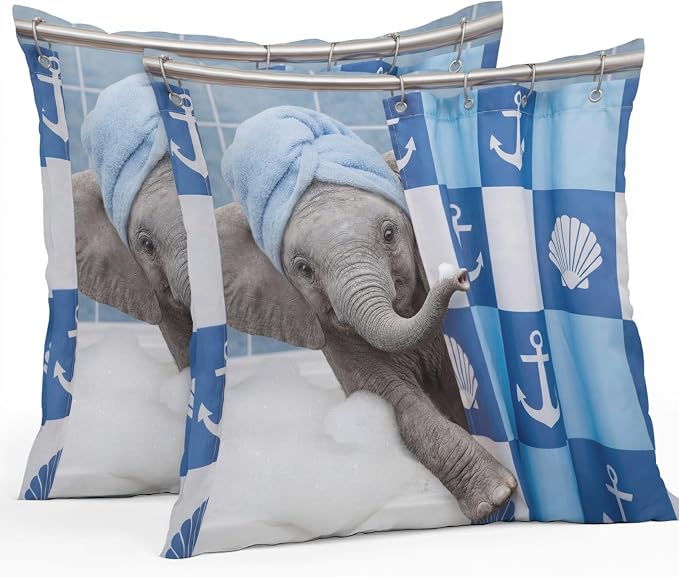 Bathing Elephant Waterproof Outdoor Pillow Covers Set of 2 Home Decor, Funny Animal Showering Pillowcase Patio Pillow Covers for Couch Bench Patio Furniture Garden 24x24in