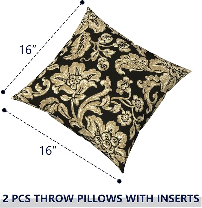 Outdoor Pillows with Insert 16x16 Inch, Waterproof Throw Pillow for Patio Furniture, Decorative Back Cushion for Garden Home Sofa Office Chair, Set of 2, Jacobean Black