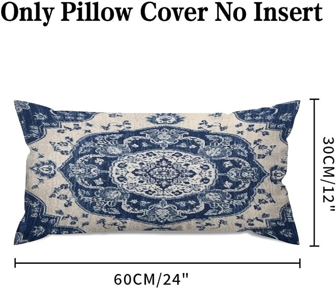 Set of 2 Classical Navy Blue Damask Pattern Pillow Covers 12x24in Farmhouse Canvas Cushion Covers Outdoor for Couch Chair Home Decor for Family Friends