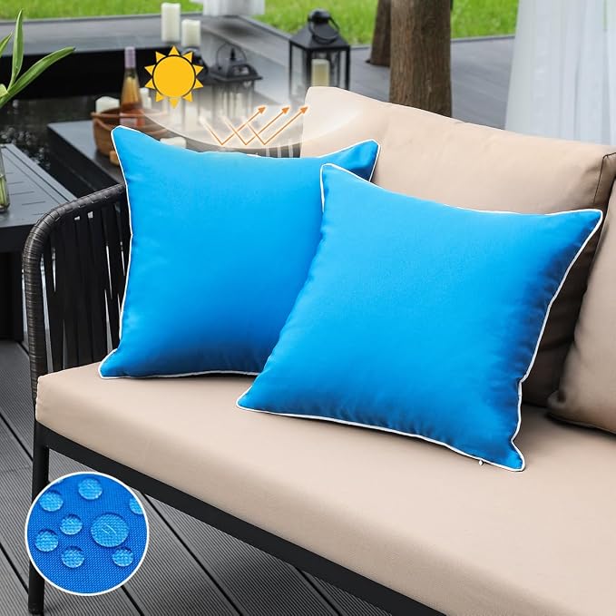 JOJOGOGO Royal Blue Outdoor Pillows Waterproof Throw Pillow Covers 18x18 Set of 2, Lake Blue Outdoor Patio Pillows Cushion Covers 18 x 18 for Couch Bench and Porch Swing (with White Piping)