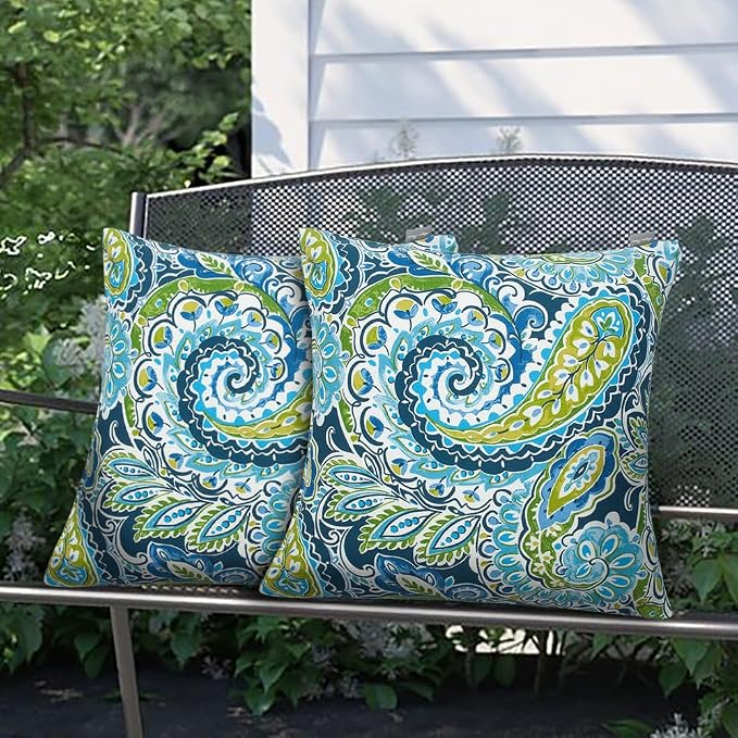 Magpie Fabrcis Pack of 2 Outdoor Waterproof Throw Pillow with Insert 18 x 18 Inch, Christmas Decorative Back Cushion Pad for Garden Patio Tent Balcony Couch Sofa(Paisley Lapis Green)