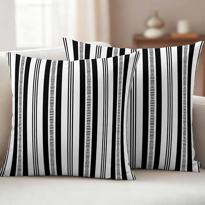 Black Striped Outdoor Waterproof Pillow Covers, Farmhouse Stripes Modern Geometric Decorative Square Throw Pillowcase Sofa Cushion Sham for Patio/Couch/Chair, 24"x24" 2 Pack