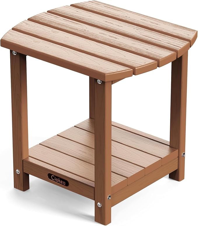 Ciokea Adirondack Outdoor Side Table, 2-Tier Sturdy Patio End Table Weather Resistant, Morden Side Table for Patio, Pool, Porch, Teak