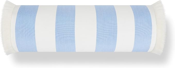 Hofdeco Premium Coastal Hampton Outdoor Performance Bolster Pillow Cover Only, 6"x20" Water Repellent, UV and Fade Resistant for Backyard, Couch, Poolside, Azure Blue Woven Beach Stripes