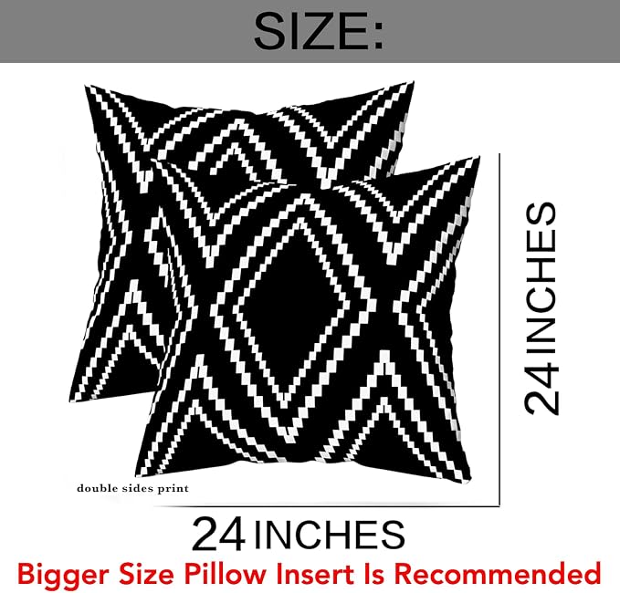 Outdoor Pillow Covers Set of 2, Waterproof Boho Throw Pillow Covers Geometric Pillow Cases for Patio Garden, Black (Black&white-01, 24x24 Inch)