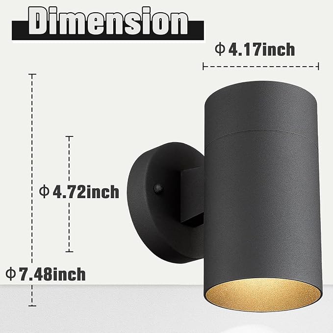 Ken & Ricky Modern Outdoor Wall Sconce Lights,Cylinder，Black ，2 Pack | No Glare Aluminum Exterior Lighting Fixtures,Downward Outside Wall Light,E26,For House Front Porch Garage Patio Entryway