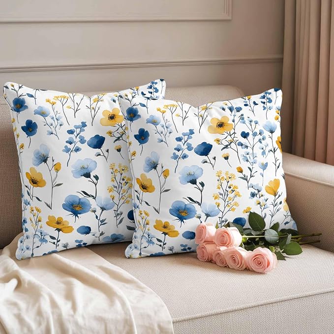 Watercolor Blue Outdoor Waterproof Throw Pillow Covers Set of 2, 18"x18", and Yellow Flower Leaves Spring Plant Decorative Pillow Covers Outside Cushion Case for Patio Porch Garden