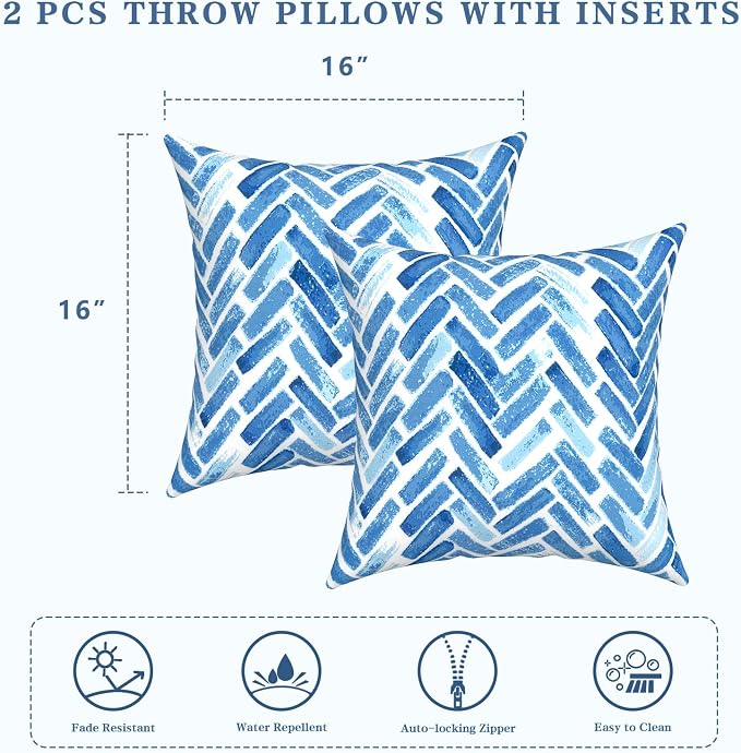 LVTXIII Outdoor Throw Pillows, Decorative Throw Pillows with Inserts, 16"x16" Square Pillows for Bed, Couch, Sofa and Patio Furniture, Set of 2, Blue Bricks