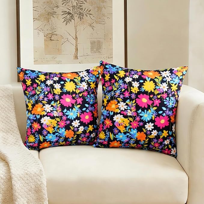 ONWAY Outdoor Floral Pillow Covers 18X18 inch Set of 2 Waterproof Yellow and Pink Flowers Black Decorative Throw Pillowcases for Patio Furniture Garden Spring Summer Cushion Cover
