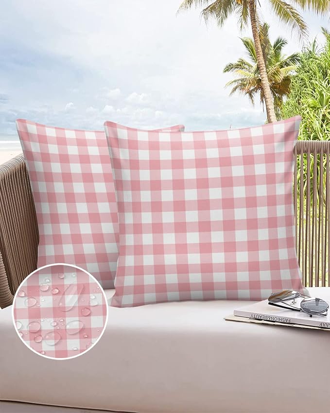 Outdoor Waterproof Throw Pillow Covers Set of 2 Romantic Love Pillowcases 20x20 Inches Pink Buffalo Check Plaid Patio Decorative Pillows Cushion Case Patio Pillows for Couch Bed Chair Garden