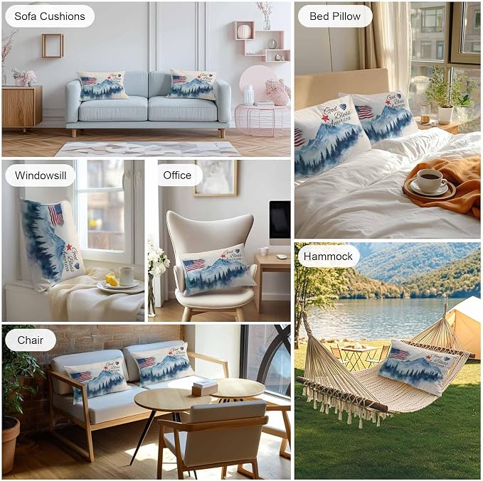 4th of July Outdoor Pillow Covers 20x12 Inch Lumbar Pillow Covers Set of 2 Waterproof Decorative Throw Pillow Cases Independence Day American Flag Forest Cushion Covers for Patio Furniture Garden