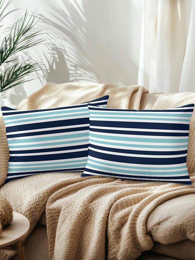 Outdoor Waterproof Throw Pillows Nautical Navy Blue Contrast Stripe Patio Pillows Pack of 2,Decorative Pillow Covers with Insert,Pillow Cushion Case for Garden Couch Sofa Modern Minimalist Line