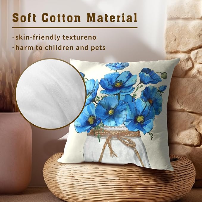 Blue Poppy Throw Pillow Covers 18x18 Inch Set of 2 Watercolor Summer Flower Mason Jar Decorative Pillow Cushion Cases for Sofa Couch Living Room Housewarming Party Decor