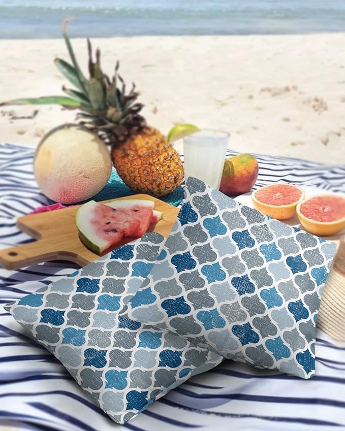 Morocco Outdoor Pillow Shams Set of 2, Decorative Pillowcases Cushion Case, Soft Throw Pillow Covers Waterproof Pillow Case 20x20 Inch, Blue Grey Geometry Retro
