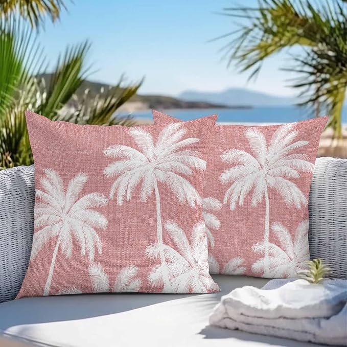 Outdoor Pillow Covers 20x20 Inch Set of 2, Pink Palm Trees Waterproof Throw Pillow Covers, Farmhouse Tropical Summer Beach Decorative Cushion Pillowcases for Couch, Sofa, Bed, Garden, Patio
