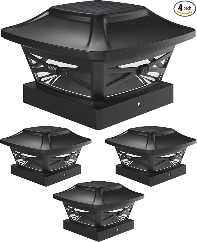 Davinci Renaissance Solar Outdoor Post Cap Lights, 4x4 5x5 6x6, Bright, 4PK | Slate Black, fence/deck/garden/patio posts, UV fade-protected plastic, auto-on, 7-8h runtime, cordless, IP44, 25lm warm white