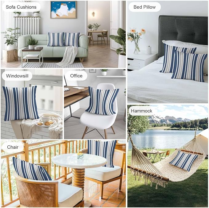Navy Blue Grey Stripe Outdoor Pillow Covers 26x26 Inch Throw Pillow Covers Set of 2 Waterproof Decorative Pillow Cases Farmhouse Minimalist Striped Cushion Covers for Patio Furniture Garden Couch Sofa