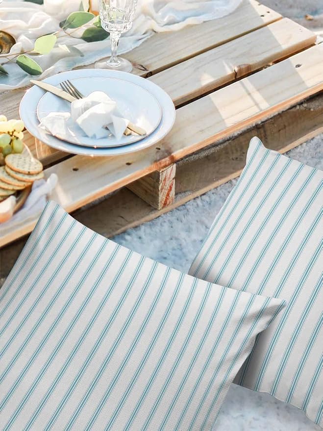Outdoor Waterproof Throw Pillow Covers Set of 2 Teal Stripes Pillowcases 20x20 Inches Simple Style Patio Decorative Pillows Cushion Case Patio Pillows for Couch Bed Chair Garden