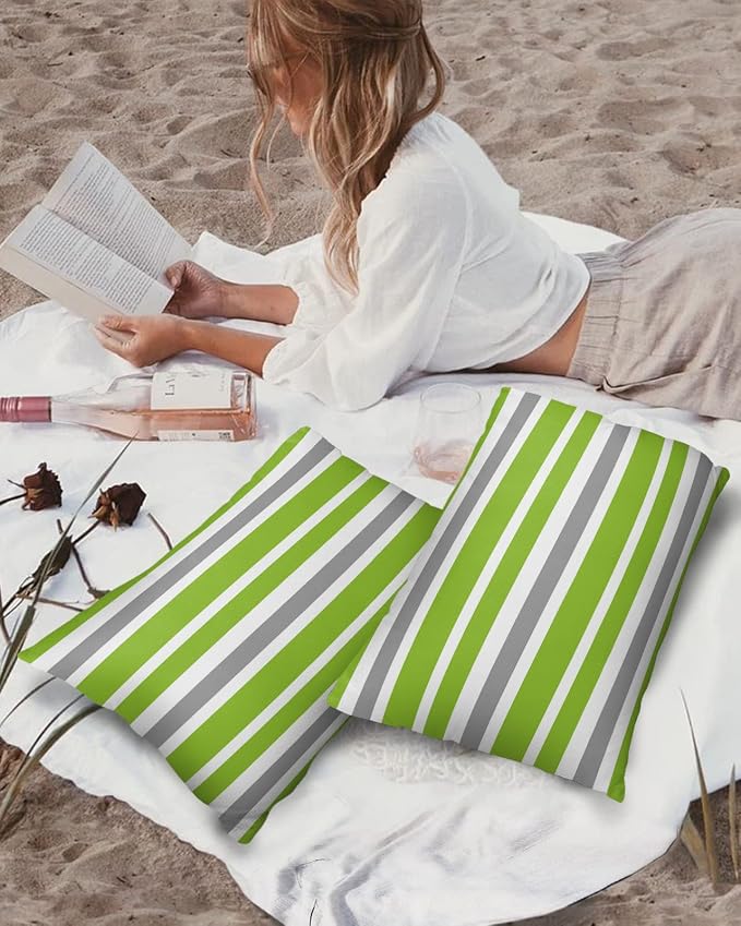 Outdoor Waterproof Lumbar Throw Pillow Covers Set of 2 Grey Green Stripes Decorative Outdoor Pillows Cushion Case 20x12 Inch Classic Striped Patio Pillows for Couch Sofa Bed Garden Home Decor