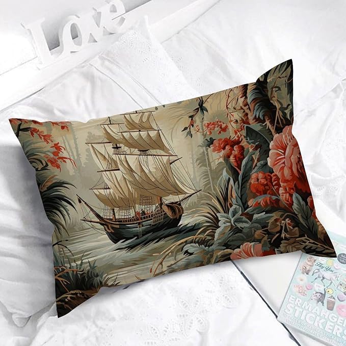 Rectangular Cushion Cover Moore Manor Antique Chinoiserie Pillow Case Rustic Vintage Boats and Flowers Pillow Cover Accent Outdoor Garden for Couch Sofa Bed Chair Indoor 12x18in