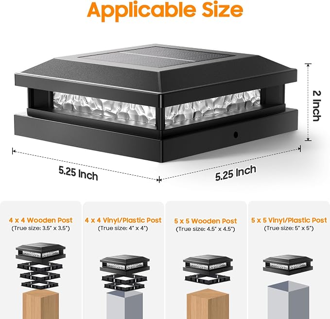 Solar Post Cap Lights 6-Pack, 2 Modes 16LEDs Bright Solar Post Lights Outdoor Waterproof, Fence Posts Cap Light, Deck Light for 4x4 4.5x4.5 5x5 Posts for Patio Garden Decor, Black