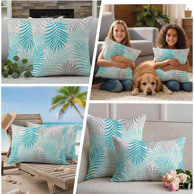 Outdoor Waterproof Throw Pillow Covers, Teal Grey Palm Leaves Decorative Pillow Cases, Summer Botanical Tropical Leaf Couch Pillow Protector Patio Sofa Cushion Covers Replacement 20"x20" 2 Pack