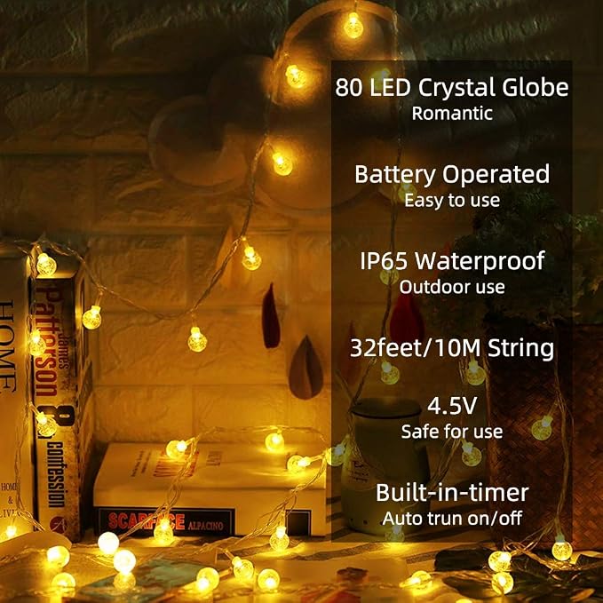 Metaku Globe String Lights Battery Operated Fairy Light 33ft 80LED & Remote | Waterproof Indoor Outdoor Hanging String Lights Decorative Christmas Lights for Home Party Patio Garden Classroom Wedding