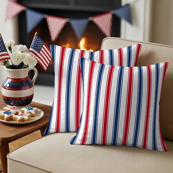 Outdoor Pillow Covers Set of 2, USA Independence Red Blue White Stripe Decor Throw Pillow Covers 16X16IN, President's Flag Day Throw Pillows Protector Cushion Case for Patio,Couch,Sofa,Garden