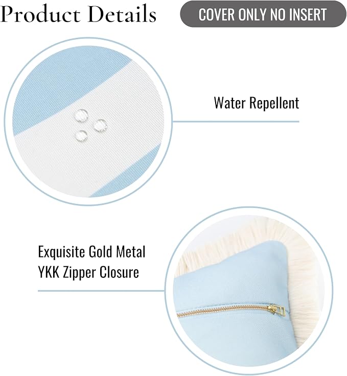 Hofdeco Premium Coastal Patio Indoor Outdoor Long Lumbar Pillow Cover Only, 12"x26" Water Repellent for Backyard, Couch, Baby Blue Stripes with Fringe
