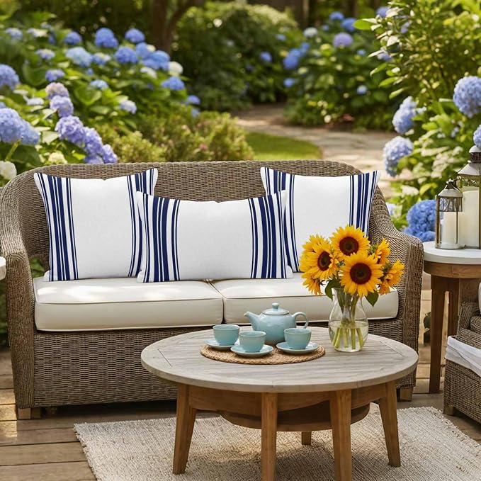Outdoor Waterproof Throw Pillow Covers Set of 2 Navy Blue Stripes Lumbar Pillowcases 20x12 Inches White Vertical Striped Decorative Pillows Cushion Case Patio Pillows for Couch Bed Chair Garden