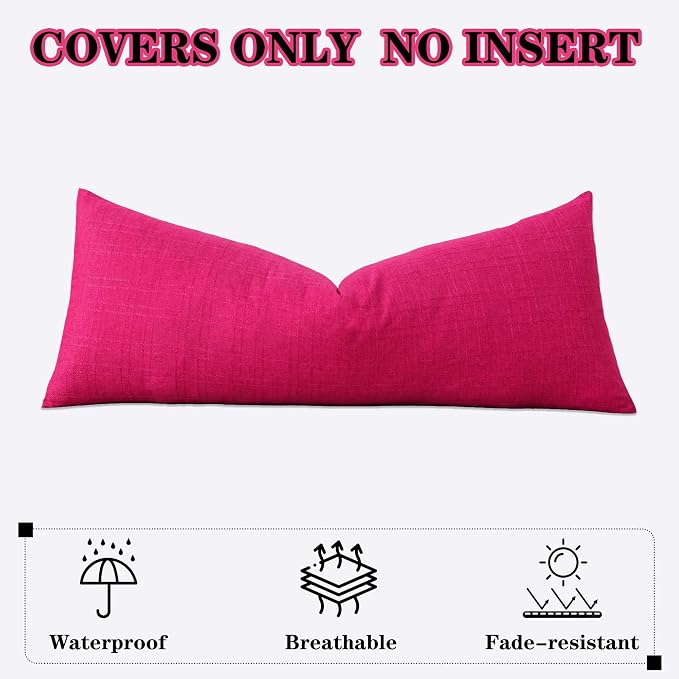 Kevin Textile Outdoor Waterproof 14”x36” Pillow Cover 1 Pack, Hot Pink | Water Resistant, Soft Faux Linen-cotton Yarn-dyed Woven Texture Throw Pillow Covers for Tent Patio Garden Couch Sofa