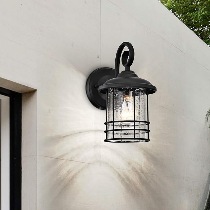 MICSIU 5.5" Wide Compact Narrow Farmhouse Matte Black Porch Light 2 Pack | Max 23W 9.8" Outdoor Light Fixture with Seedy Glass, Anti-Rust Round Exterior Lantern for Garage Pillar & Side Door, Patio