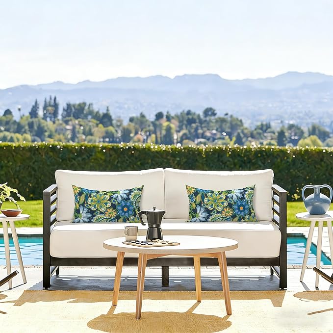 LVTXIII Outdoor Lumbar Pillow Covers Only Set of 2 Patio Decorative Pillow Cases, Water Repellent Lumbar Cushion Cases for Sofa, Patio Couch Garden Use, 12x20 Inch, Flower Child