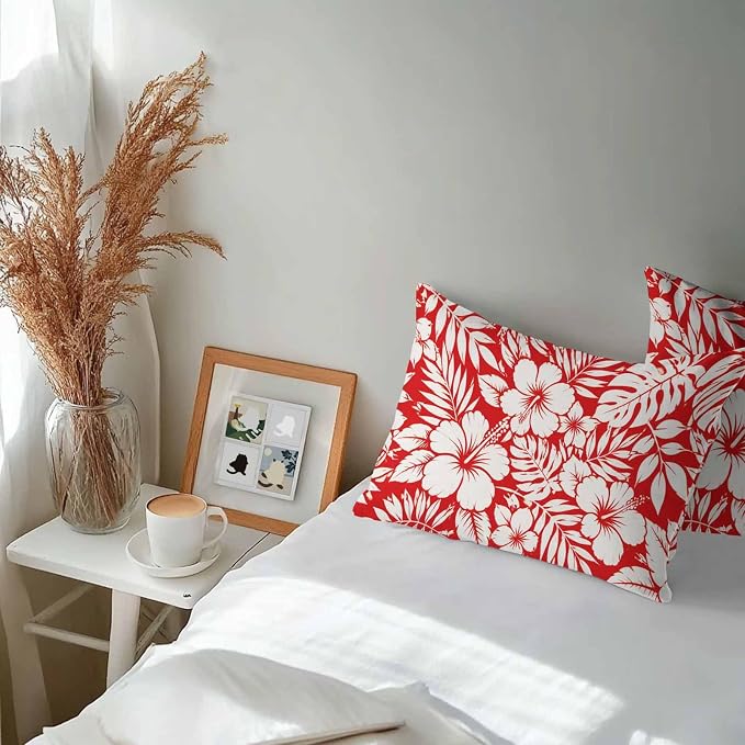 Red Hibiscus Flowers Waterproof Outdoor Pillow Covers Set of 2 Home Decor, Tropical Monstera Leaves Lumbar Pillowcase Patio Pillow Covers for Couch Bench Patio Furniture Garden 20x12in