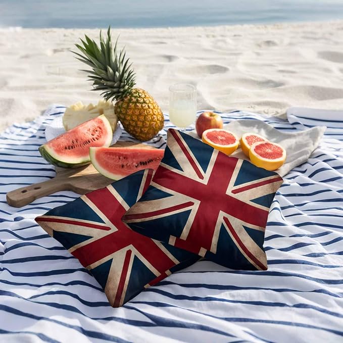 4th of July Outdoor Throw Pillows Covers 16x16 inch Set of 2 Waterproof British Flag Decorative Zippered Cushion Covers for Patio Furniture, Vintage National Flag Independence Day Lumbar Pillowcases