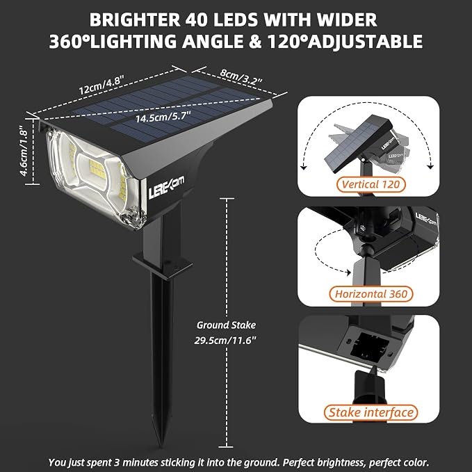 LEREKAM Solar Spot Lights Outdoor,40 LEDs Solar Outdoor Waterproof Landscape Lights with 3 Light Modes, Solar Powered Garden Yard Wall Lights Auto On,Off for Patio 8 Pack