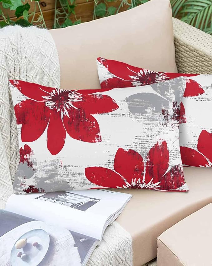 Vandarllin Outdoor Throw Pillows Covers 20x12 inch Set of 2 Waterproof Red Sunflower Decorative Zippered Cushion Covers for Patio Furniture, Flower Field Lumbar Pillowcases